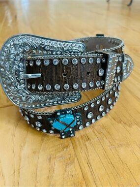 Nocona Rhinestone Belt Brown Leather Turquoise Stones Large Silver Buckle
